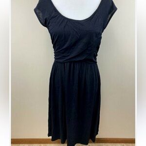 Garnet Hill Classic Black Draped Top Cotton Midi Dress